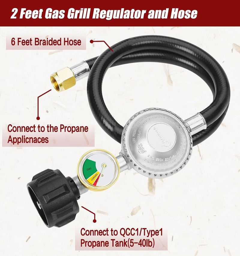 CALPOSE 2 Feet Propane Hose with Regulator & Gauge, Universal Gas Grill Regulator for Blackstone 28''/36'' Griddle, Weber Grill, Propane fire Pit and More, 3/8" Female Flare for Most LP Gas Grills - Image 3